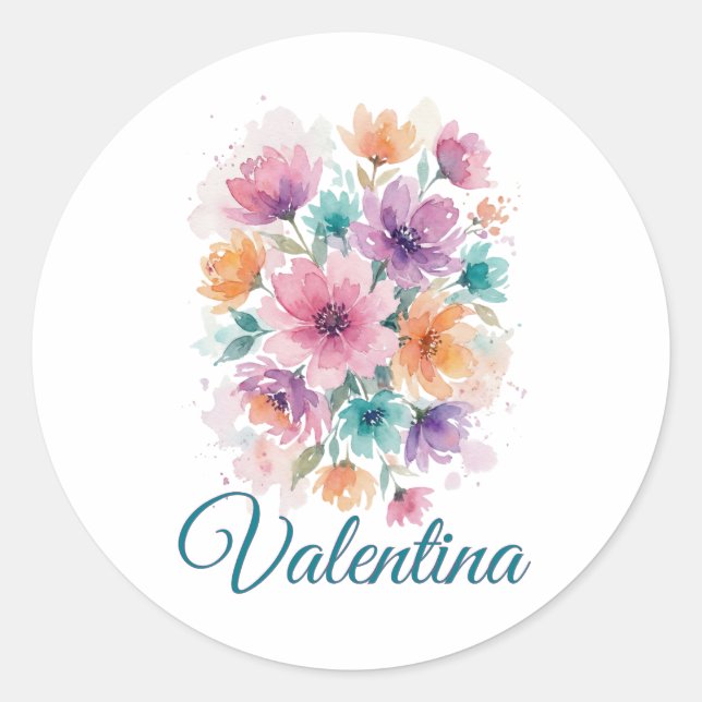 Adesivo Redondo Personalized Watercolor Floral Name Sticker (Frente)