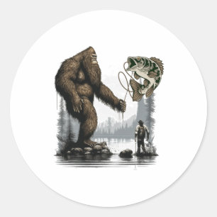 Adesivo Redondo Pescaria Bigfoot Sasquatch Engraçado Peixe 1 