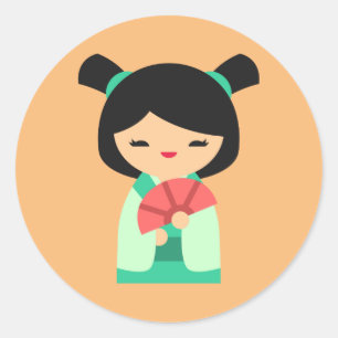 Adesivo Redondo Pêssego aqua rosa bonecas japonesas Kokeshi