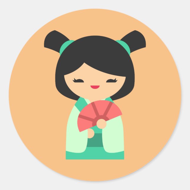 Adesivo Redondo Pêssego aqua rosa bonecas japonesas Kokeshi (Frente)