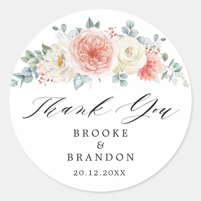 Adesivo Redondo Pêssego do Verão Pêssego Pink Floral Obrigado (Frente)