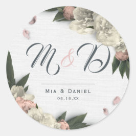 Adesivo Redondo Pêssego Romântico e Pêonias Florais Brancas