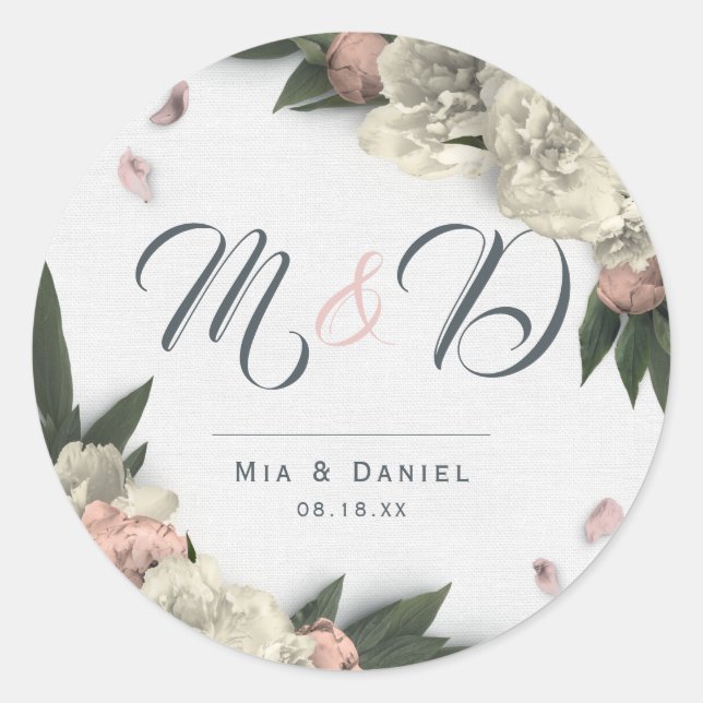 Adesivo Redondo Pêssego Romântico e Pêonias Florais Brancas (Frente)