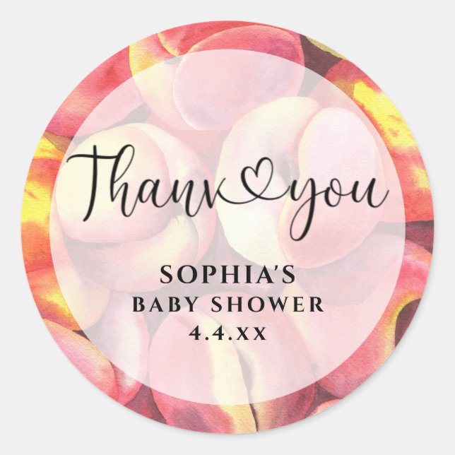 Adesivo Redondo Pêssegos de aquarela - Obrigado chá de fraldas (Frente)