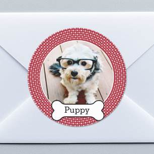 Adesivo Redondo Pet a foto com osso de cão - bolinhas vermelhas