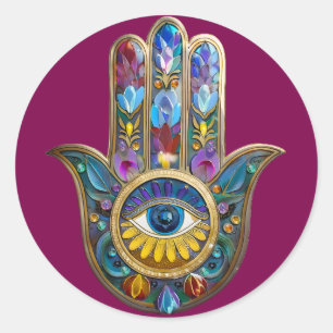 Adesivo Redondo Pétalas Coloridas Folhas Hamsa Safira Terceiro Olh