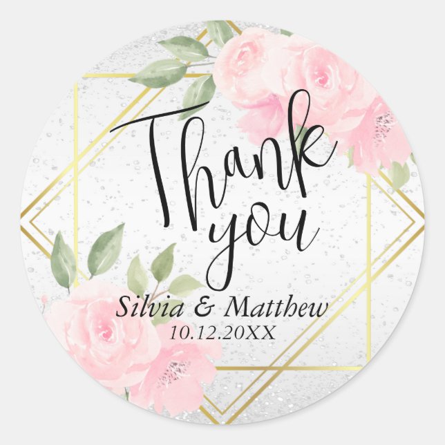 Adesivo Redondo Petalas Florais em Aquarela Rosa e Brilho Branco (Frente)