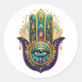 Adesivo Redondo Pétalas Violeta Verde Dourado Hamsa Turquesa Terce