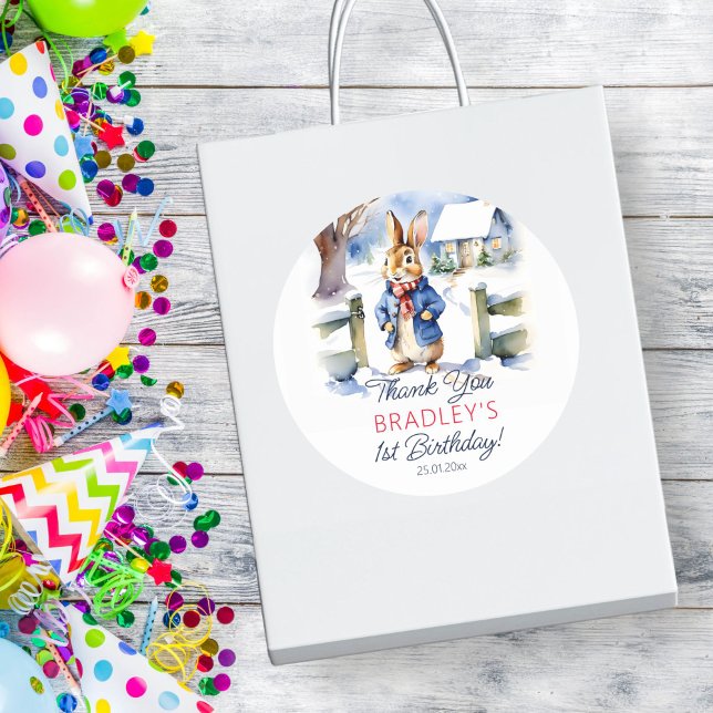 Adesivo Redondo Peter Cobit festa de aniversário de inverno (Peter Rabbit winter themed birthday party favor gift thank you stickers watercolor cute bunny snowy)