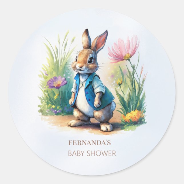 Adesivo Redondo Peter Rabbit Baby Shower Invitation (Frente)