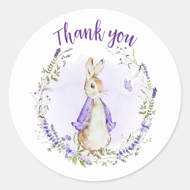 Adesivo Redondo Peter Rabbit Purple Chá de fraldas Obrigado (Frente)