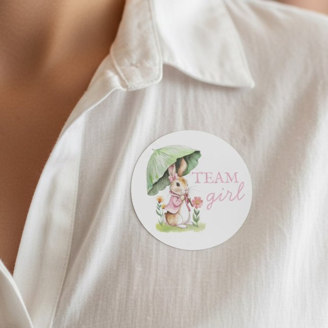 Adesivo Redondo Peter Rabbit Team Girl Gender Reveal (Team Girl Peter Rabbit storybook themed gender reveal voting guest labels.)