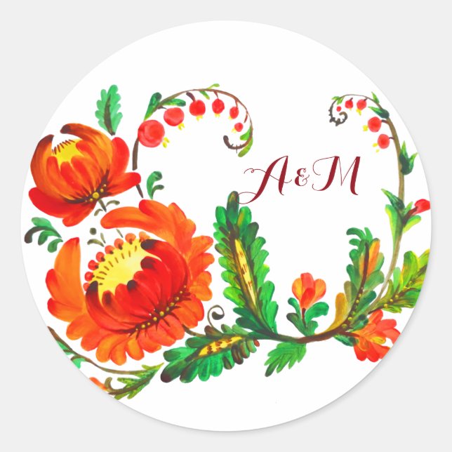 Adesivo Redondo Petrykivka - Arte ucraniana (Frente)