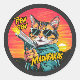 Adesivo Redondo Pew Pew Madafakas - sol set style e gato engraçado