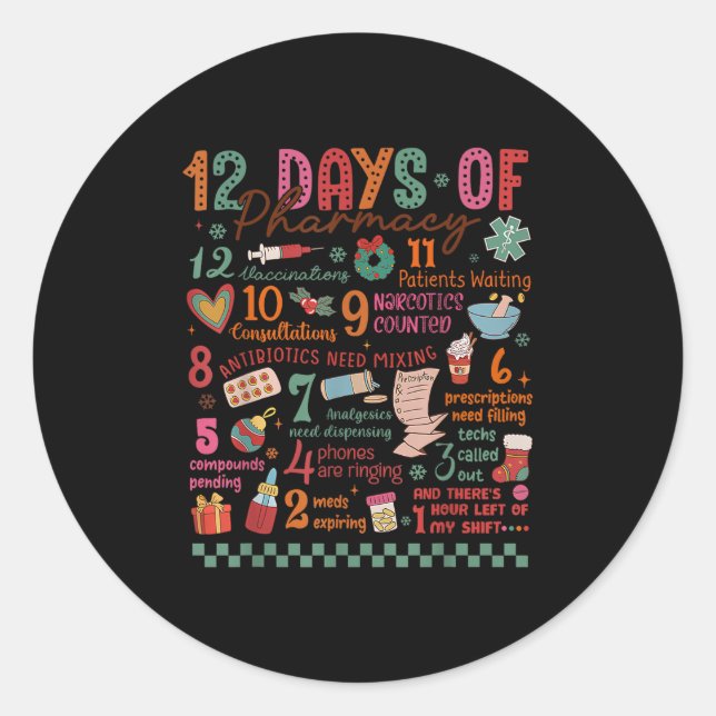 Adesivo Redondo Pharmacy Christmas Shirt - 12 Days Of Pharmacy Tec (Frente)