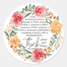 Adesivo Redondo Philippians 4:8 Floral Wreath rosa e amarelo