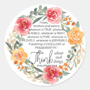 Adesivo Redondo Philippians 4:8 Floral Wreath rosa e amarelo