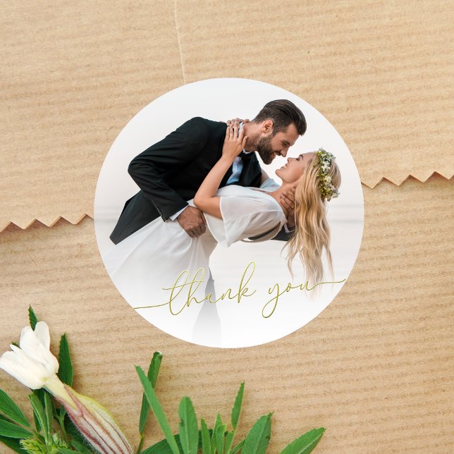 Adesivo Redondo Photo Wedding Thank You Gold Script Circle  (Round wedding thank you sticker with photo and elegant gold script text)