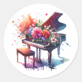 Adesivo Redondo Piano e Flores de Aquarela