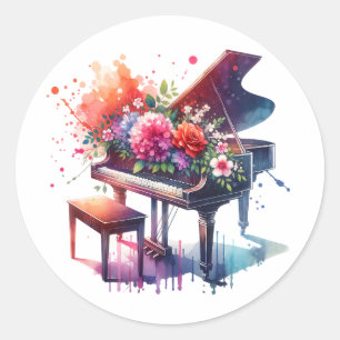 Adesivo Redondo Piano e Flores de Aquarela