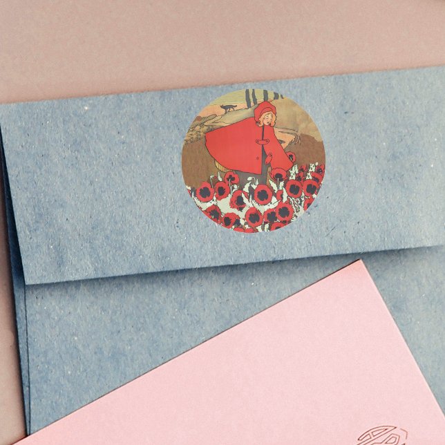 Adesivo Redondo Picante de Capuchos Vermelhos (Little red riding hood red cape picking red flowers wolf in distance on round stickers.)