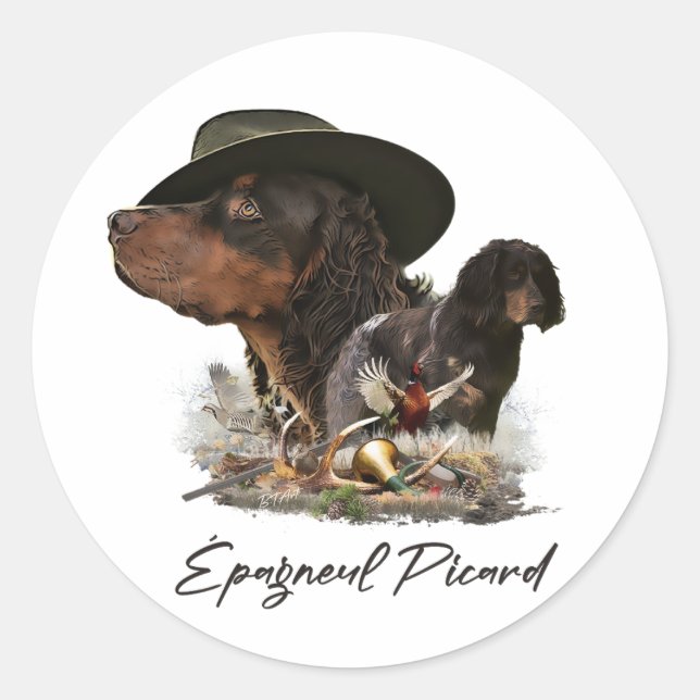 Adesivo Redondo Picardy Spaniel, Estação de Caça (Frente)