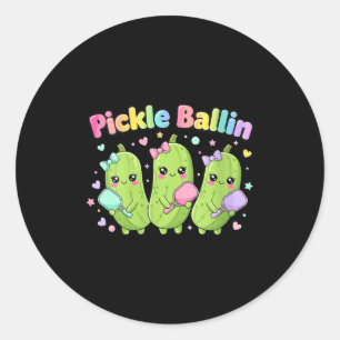 Adesivo Redondo Pickle ball feminino de desenho animado fofo com