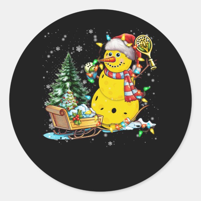 Adesivo Redondo Pickleball Snowman Santa Hat Luz Natal (Frente)