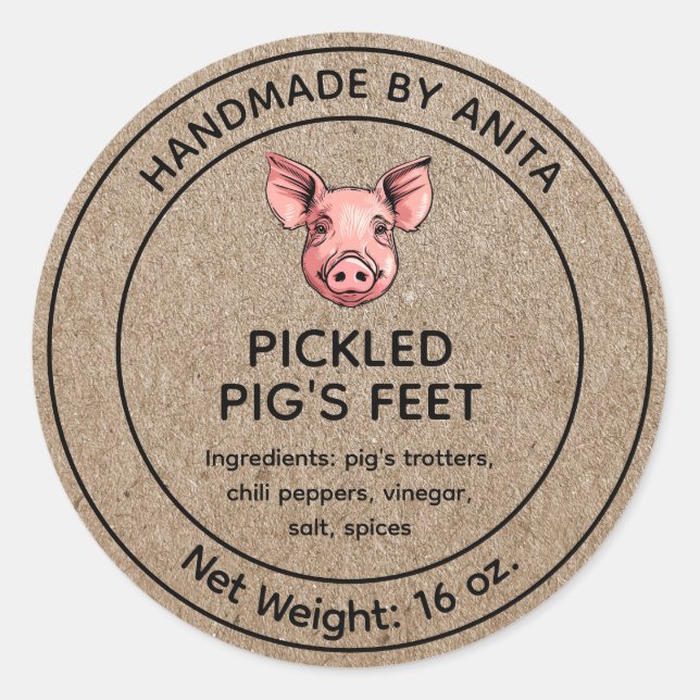 Adesivo Redondo Pickled Pig's Feet Jar Label Kraft Style (Frente)