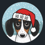 Adesivo Redondo Piebald Dachshund Papais noeis Cute Wiener Dog Per<br><div class="desc">Espalhe a alegria de férias com este adorável adesivo de Natal! O adesivo apresenta um dachshund picável ilustrado, vestindo um chapéu vermelho-brilhante de Santa, com guarnição branca. HO HO HO pode ser personalizado com nome ou outro texto. Estes autocolantes podem ser utilizados para selar envelopes ou embalagens para as férias...</div>