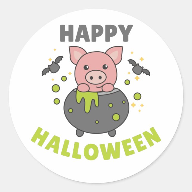 Adesivo Redondo Pig Happy Halloween Cauldron Bat Classic Round Sti (Frente)