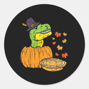 Adesivo Redondo Pilgrim Trex Dinosaur Pumpkin Pie Kid de Ação de G