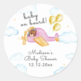 Adesivo Redondo Pilot Teddy Bear Balloon Airplane Baby Shower