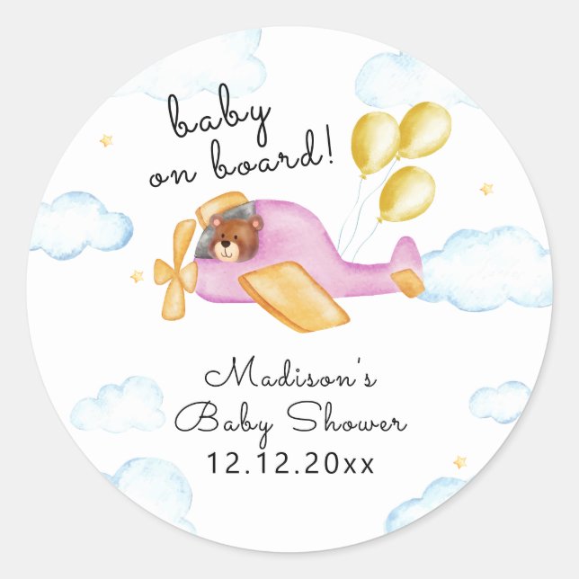 Adesivo Redondo Pilot Teddy Bear Balloon Airplane Baby Shower  (Frente)