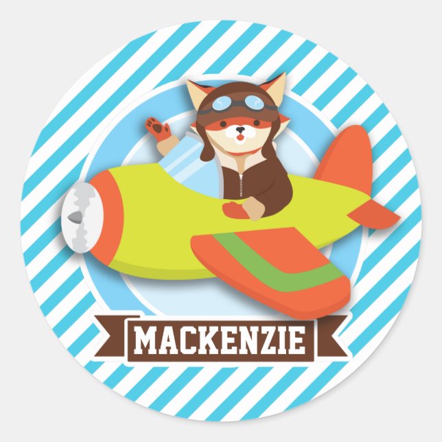 Adesivo Redondo Piloto Fox em Avião Verde & Laranja; Blue Strips (Frente)