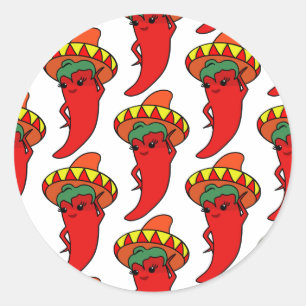 Adesivo Redondo Pimenta Kawaii Vermelha Sombrero Mexicano