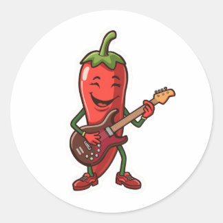 Adesivo Redondo "Pimenta Malagueta Fofo Tocando Guitarra Elétrica