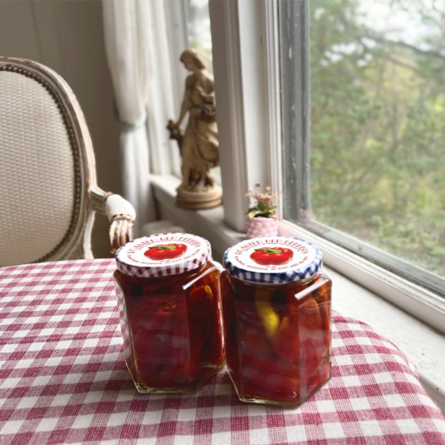 Adesivo Redondo Pimentões vermelhos torrados no rótulo do alho e d (Criador carregado)