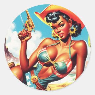 Adesivo Redondo Pin-up da Cowgirl Ocidental Retro