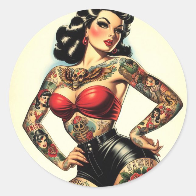 Adesivo Redondo Pin-up Tatuado na Vintage (Frente)