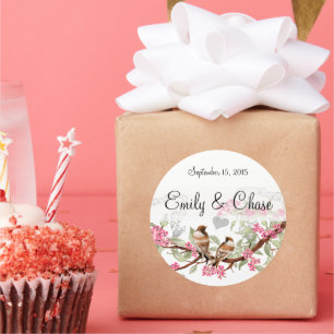 Adesivo Redondo Pinças e Cinzas Vintage Adoram Pássaros de Casamen