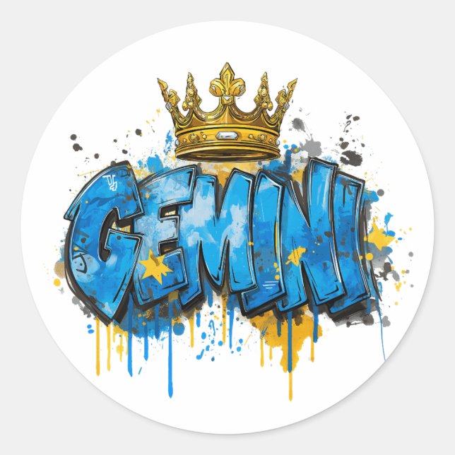Adesivo Redondo Pincel de Grafite Gemini Zodiac com Coroa (Frente)