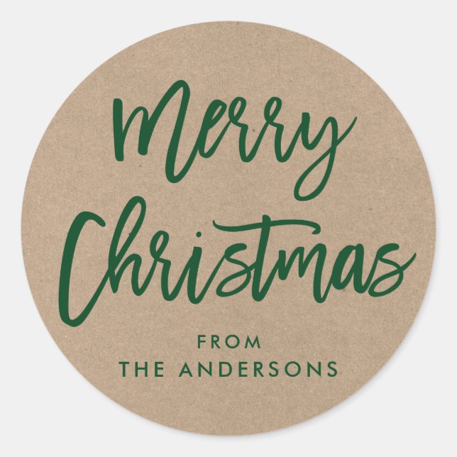 Adesivo Redondo Pincel de Presente Verde Kraft de Natal com Script (Frente)