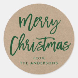 Adesivo Redondo Pincel de Presente Verde Kraft de Natal com Script