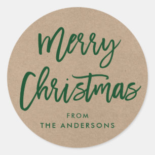 Adesivo Redondo Pincel de Presente Verde Kraft de Natal com Script