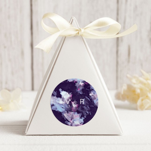 Adesivo Redondo Pincel Roxo Moderno Traça Casamento Monograma (Criador carregado)