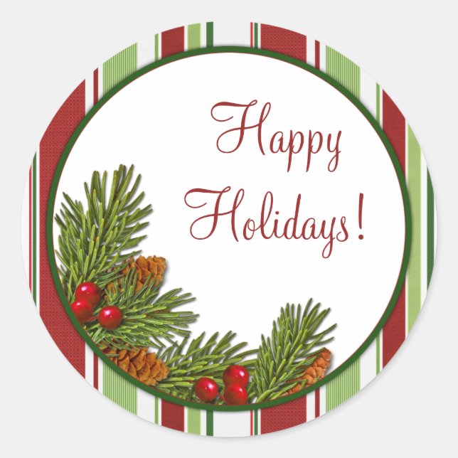 Adesivo Redondo Pine Boughs Holly Strips Vinhetas de Natal (Frente)