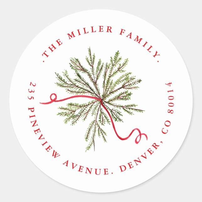 Adesivo Redondo Pine Foliage com o Endereço de Feriado de Fita de  (Frente)