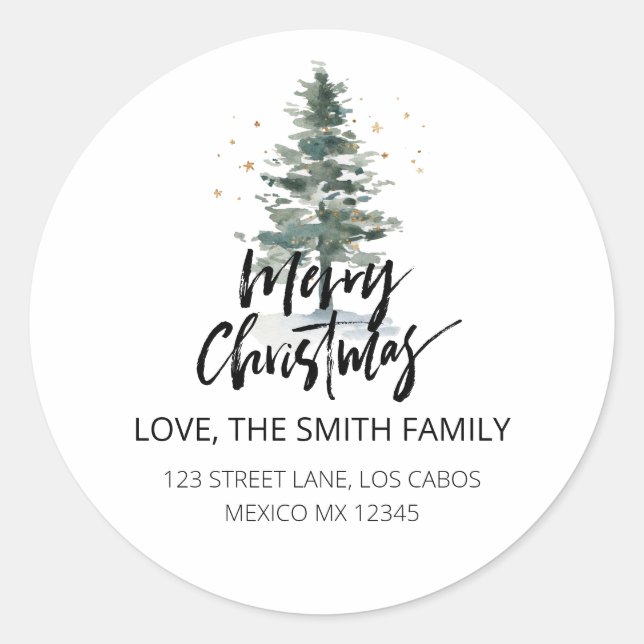 Adesivo Redondo Pine Tree Merry Christmas Holiday Endereço de devo (Frente)