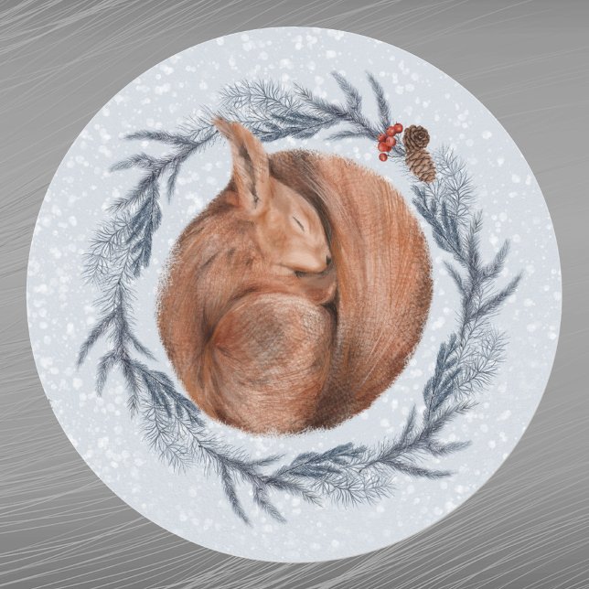 Adesivo Redondo Pine Wreath de Pine de Esquilo Vermelho Natal (Criador carregado)